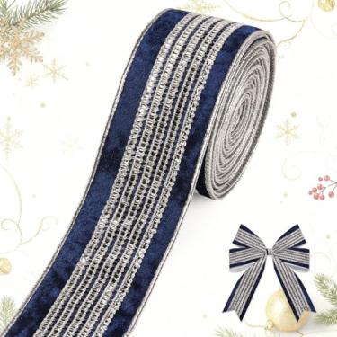 Imagem de LANGFON Fita de tecido de Natal de 6 cm x 10 metros, fitas de arame de veludo onduladas azuis com borda de veludo, fita de decoração de Natal vintage para fazer laços de guirlanda de inverno