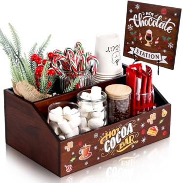 Imagem de IWOLOMI Suprimentos de barra de cacau quente de Natal, caixa de armazenamento de madeira, caixa decorativa de chocolate quente e placa de mesa de estação de chocolate quente, placa dupla fofa de