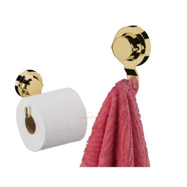 Imagem de Kit Banheiro 2 Peças Suporte Porta Papel Higiênico Cabide Toalha Com V