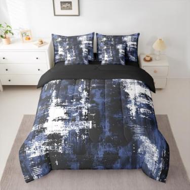Imagem de Feelyou Conjunto de edredom abstrato com 7 peças, Queen, moderno, arte abstrata, para crianças, meninos, meninas, preto e azul, para decoração de quarto, geométrico, macio e leve em microfibra