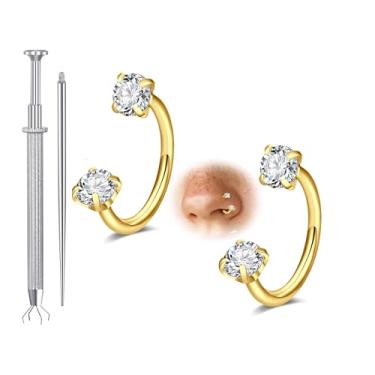 Imagem de Longita Anel de nariz de ferradura de ouro de 8 mm 20 g para mulheres anel de nariz de sapato de cavalo com pedra dupla argola aço cirúrgico cartilagem ouro hélice tragus argolas labret piercing