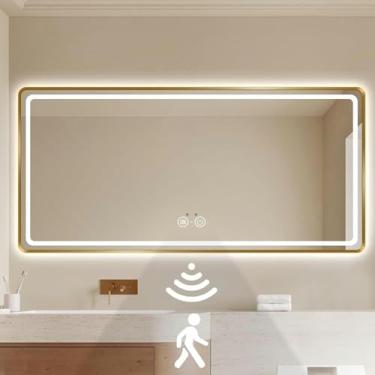 Imagem de FYLFANYAN Espelho LED com moldura dourada para banheiro, espelho digital inteligente com sensor de luz, penteadeira com antivano luminoso, ajustável, espelho de parede com frente e verso ~/
