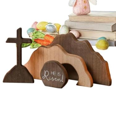 Imagem de Conjunto de cena de ressurreição de Páscoa, enfeite de decoração de bandeja em camadas | Decoração de madeira da ressurreição da Páscoa para casa, decoração de mesa de presépio cristão