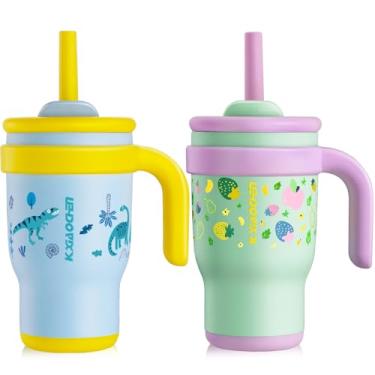 Imagem de KXIAOCHEN Copo infantil de 400 ml com alça para copo reutilizável de aço inoxidável isolado à prova de derramamento para crianças, mantém as bebidas frias por até 24 horas, frutas + dinossauros 2P