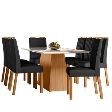 Imagem de Mesa de Jantar 180cm Bárbara com Vidro Ype Off White e 8 Cadeiras Mariana Ype Veludo Preto – New Ceval