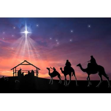 Imagem de AOFOTO 1,5 x 0,9 m, cenário de presépio de Natal, brilhante, estrela noturna, nascimento de Jesus Cristo, camelos, fundo de manjedoura estável para fotografia, religião, decoração de igreja, papel de