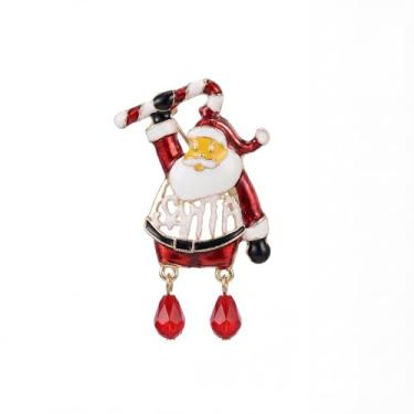 Imagem de Broche fofo de Papai Noel de Natal para mulheres, meninas, esmaltado, Natal, bengala doce, cristal vermelho, broches pendurados, alfinetes, moda, festival, festa, joias, acessórios de roupas para