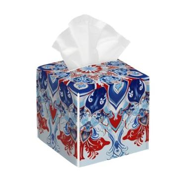 Imagem de Porta-lenços de couro quadrado impermeável étnico mandala damasco organizador de papel facial com cinto inferior cubo estojo de lenços para mesa, banheiro, escritório, mesa, carro, decorativo