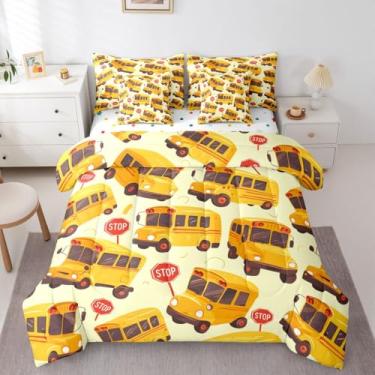 Imagem de Erosebridal Jogo de cama de casal de ônibus escolar com desenho animado de caminhão, para decoração de quarto de meninos, meninas, adolescentes, adolescentes, tema escolar, veículo amarelo, 7 peças
