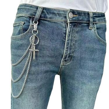Imagem de KALHE Corrente de aço inoxidável com corrente tripla com pingente de cruz, acessório de jeans, corrente de calça estilo punk rock para homens