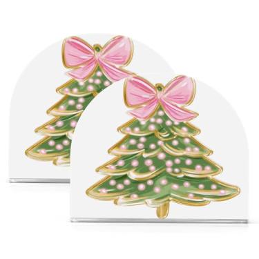 Imagem de ATTX Pacote com 2 porta-guardanapos de Natal de acrílico com design de arco rosa de árvore de Natal - Organizador de mesa decorativo para cozinha, restaurante, decoração de férias de casa #774
