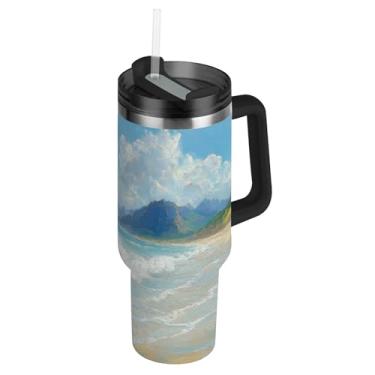 Imagem de Blueangle Copo de pintura a óleo do oceano tropical de 850 g com alça e tampa de palha, caneca de viagem de aço inoxidável isolada a vácuo de parede dupla, garrafa de água reutilizável para academia