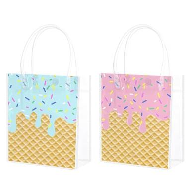 Imagem de JarThenaAMCS 24 peças de sacos de presente de PVC transparente de verão, rosa e azul, sacos de guloseimas para sorvete e doces com alças para aniversário, chá de bebê, lembrancinhas de festa