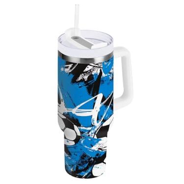 Imagem de xigua Copo esportivo de futebol de 850 g com tampa e canudo, copo de aço inoxidável com isolamento de vácuo duplo para garrafa de água esportiva, copo de café para viagem à prova de vazamento para