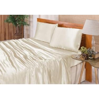 Imagem de Confecções Elba, Jogo De Lençol Casal King Cetim Seda Alto Brilho 4 Peças Cor:Pérola