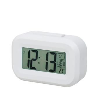 Imagem de Despertador digital multifuncional branco elegante – 1 caixa de plástico tátil com acabamento emborrachado macio, temperatura luminosa, calendário e temporizador operado por bateria