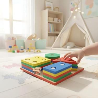 Imagem de Brinquedo Pedagógico Educativo Madeira MDF Prancha Seleção Infantil Encaixe Formas Geométricas (Prancha de Seleção)