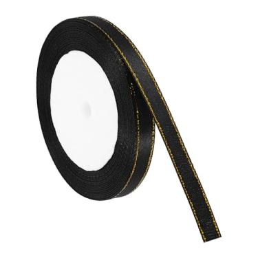 Imagem de PATIKIL Fita de cetim com borda dourada, dupla face de poliéster para embrulho de presente, buquês de flores, laços de cabelo, projetos de costura, preta
