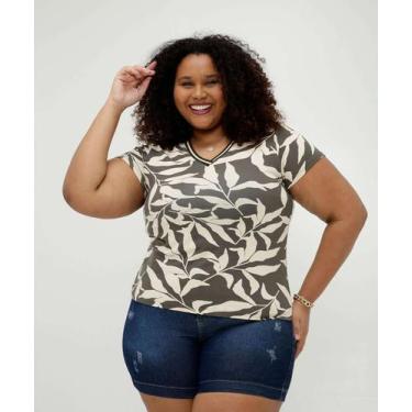 Imagem de Blusa Plus Size Feminina Folhagem Manga Curta Marisa-57008, 46, Verde
