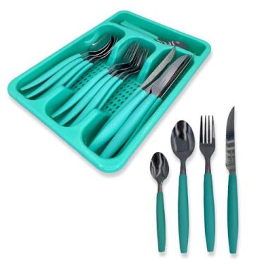 Imagem de Jogo de Talheres 24 Peças com Porta Talheres de Gaveta, Inox e Polipropileno, 6 Facas 6 Garfos 6 Colheres 6 Colheres de Chá