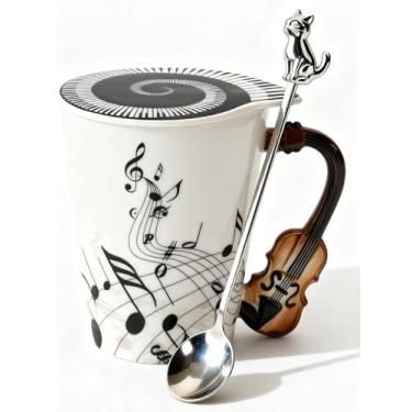 Imagem de Caneca exclusiva de violino com tampa temática musical, alça de violino e colher - presente de Natal, aniversário, dia das mães, para professores de música e amantes de violino