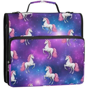 Imagem de Organizador de fichário com zíper de viagem, 3 argolas de 3,8 cm, unicórnios, roxo, rosa, vários bolsos, pasta grande para fichários escolares com alça de ombro, 34,5 x 31,5 x 9 cm