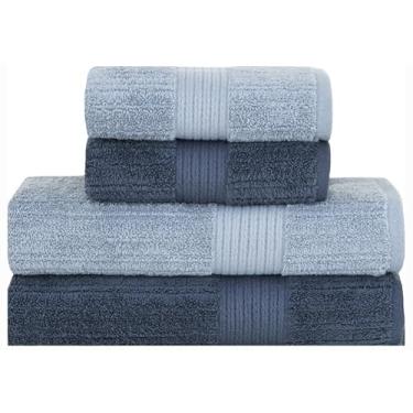 Imagem de Jogo de Toalhas de Banho Fio Penteado Canelado 4 Peças 100% Algodão Alta Absorção Banho e Rosto (Azul claro/Azul escuro)
