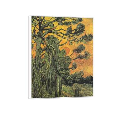 Imagem de Vincent van Gogh Famosa pintura em tela de arte de parede pronta para pendurar. Pinheiros por pôr do sol. Imagem em moldura branca para decoração de sala de estar 80 x 105 cm 31 x 41 pol