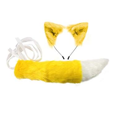 Imagem de COSYEARS Tiara feita à mão com orelhas de lobo de raposa e cauda de pele sintética para acessórios de fantasia de Halloween, Amarelo, tamanho �nico