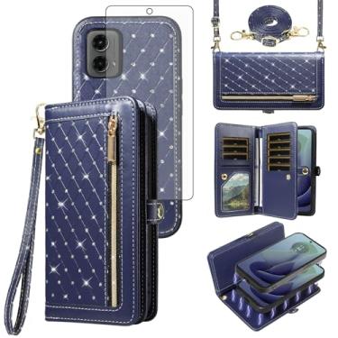 Imagem de Asuwish Capa de celular para Motorola Moto G 5G 2024 com zíper carteira magnética destacável protetor de tela de vidro temperado alça transversal flip bling suporte para cartão de crédito G5G 5 G G5