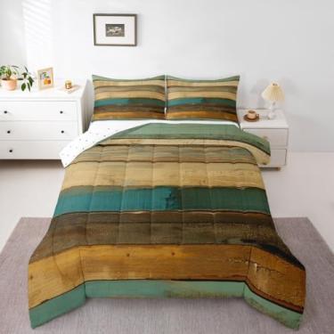 Imagem de jejeloiu Conjunto de edredom queen de grão de madeira, retrô, casa de fazenda, para crianças, meninos, meninas, moderno, abstrato, edredom rústico, decoração de quarto, microfibra, 3 peças com 2