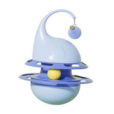 Imagem de Gralara Brinquedo interativo para gatos com plataforma giratória, que funciona como um rolo, dispensa comida lentamente e possui sino para alimentar gatos, Azul