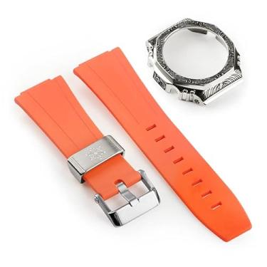 Imagem de JDIME Capa de relógio de aço inoxidável esculpida com pulseira de borracha de terceira geração para GA2100 retrofit e upgrade DIY (laranja prata)
