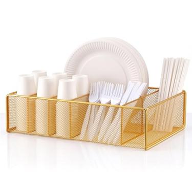 Imagem de Lounsweer Organizador de pratos de papel para bancada, suporte de utensílios de metal para cozinha com 6 compartimentos para copo de prato guardanapo, organizador de talheres para festa, acampamento