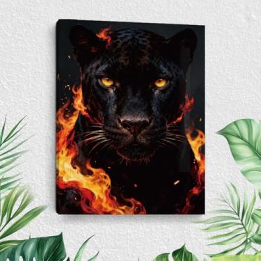 Imagem de Arte de parede em tela Pantera com chama, animais selvagens, leopardo, preto, emoldurado, decoração de parede, imagens modernas e estéticas para banheiro, quarto, corredor, decoração de casa