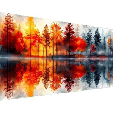 Imagem de MOMDEDP Kit de arte de diamante grande reflexão de lago e floresta 5D para adultos, pintura de diamante de paisagem grande de 70 x 15,7 polegadas com tela numerada, kits de artesanato de joias de