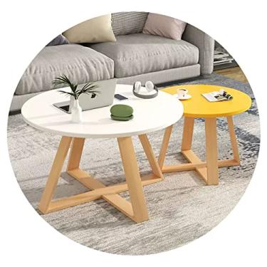 Imagem de AkosOL Conjuntos de mesa de centro redonda pequena redonda branca e amarela para sala de estar, pernas de mesa de madeira, 70 cm + 50 cm