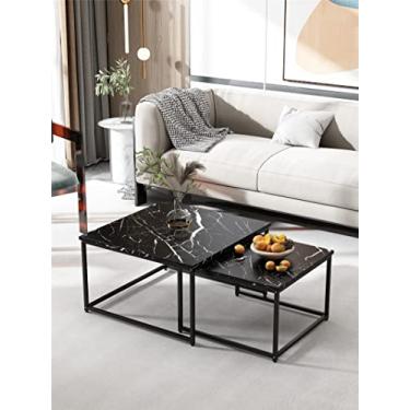 Imagem de Conjunto de mesas de centro modernas, mesa de chá de mármore falso com moldura de metal, mesa central de móveis com detalhes de meados do século com design empilhável para sala de estar e escritório