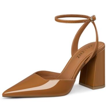 Imagem de CELLENZ Sapatos femininos de salto grosso: 9 polegadas bico fino salto alto - bico fechado com tiras salto sexy, confortável trabalho formal festa dança sapatos tamanho 6-11, Patente marrom 89, 36