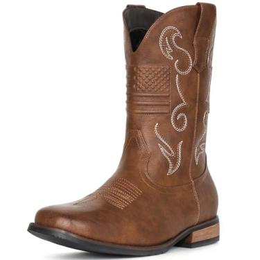 Imagem de IUV Botas de caubói masculinas botas ocidentais clássicas com bandeira americana bordada bico quadrado botas de cano médio, Marrom, 13