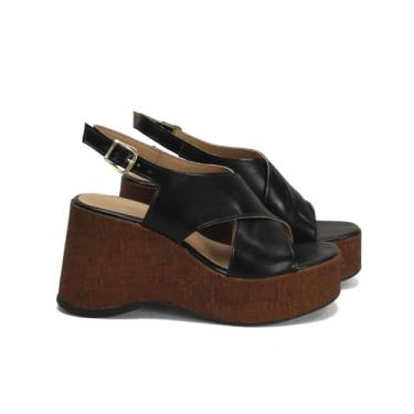 Imagem de Sandália Anabela Tiras X Preta Cortiça Chocolate Salto 9cm Ana Mello