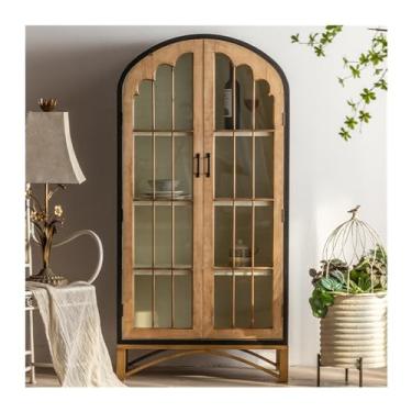 Imagem de Armário de arquivo, estante de madeira maciça, estilo Wabi-Sabi, armário de exibição de vidro com porta e parede, gabinete de armazenamento, impressora, escritório, casa