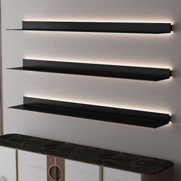 Imagem de Prateleiras flutuantes com suportes invisíveis e fitas de luzes, prateleira suspensa de metal com luzes LED, prateleira de parede com exibição de CD DVD para banheiro, sala de estar, quarto, 1 peça