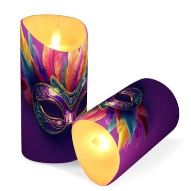 Imagem de SEHANY Máscara de carnaval velas sem chamas com controle remoto e temporizador, 2 peças de velas de pilar de LED cintilantes operadas por bateria para decoração de festa de casamento, dia dos