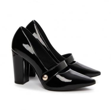 Imagem de Sapato Scarpin Feminino Verniz Salto Grosso 9cm Bico Fino com Tira Dourada – Confortável, Antiderrapante (Preto, BR, Adulto, Numérico, 35)