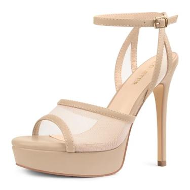 Imagem de COLETER Sandália feminina de salto alto de malha plataforma de 13 cm, bico aberto, tira no tornozelo, vestido de festa, vestido de casamento, Nude., 36