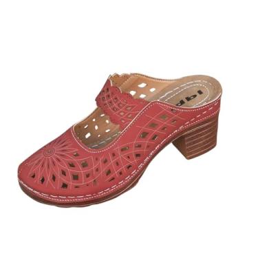 Imagem de Sandálias Baotou casuais femininas com meio chinelo grosso design de salto plataforma calçado confortável para atividades de lazer, Vermelho, 36