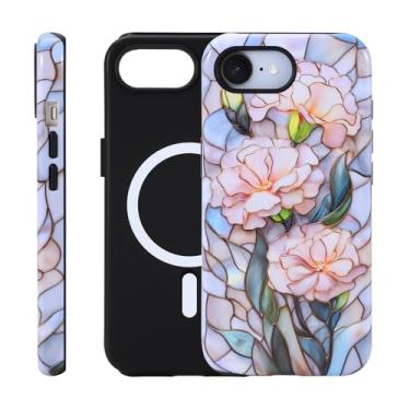 Imagem de Fourmor Capa para iPhone 16e - Carregamento sem fio para MagSafe, capa externa rígida de policarbonato + capa protetora interna de TPU macio de 2 camadas à prova de choque, padrão de lótus 3D abstrato