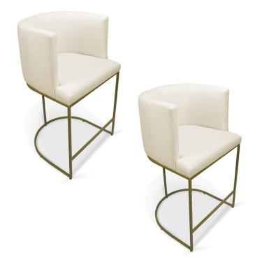 Imagem de Kit 2 Banquetas Paola Linho Bege A19 Base Metálica Dourada - D'rossi
