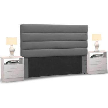 Imagem de Cabeceira Cama Box Casal King 195cm Greta Suede Cinza e 2 Mesas de Cabeceira Flex Branco - Mpozenato